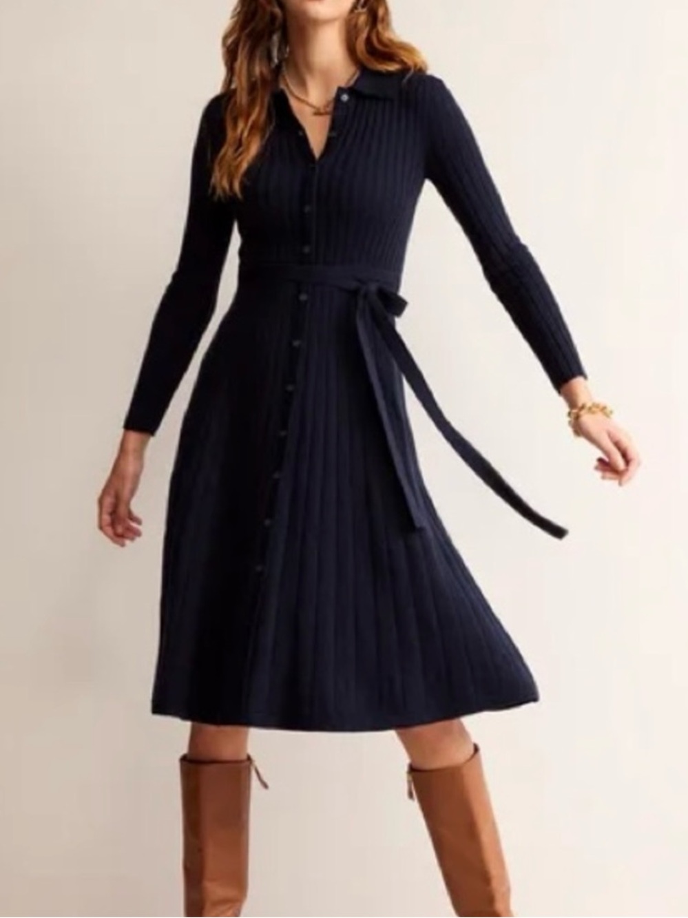 Boden Rachel Ribbed Long Sleeve Navy Button-Front Knit Dress Shirtdress